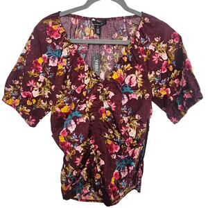 White House Black Market Womens Floral Ruched Front Poplin Top Size M  Burgundy